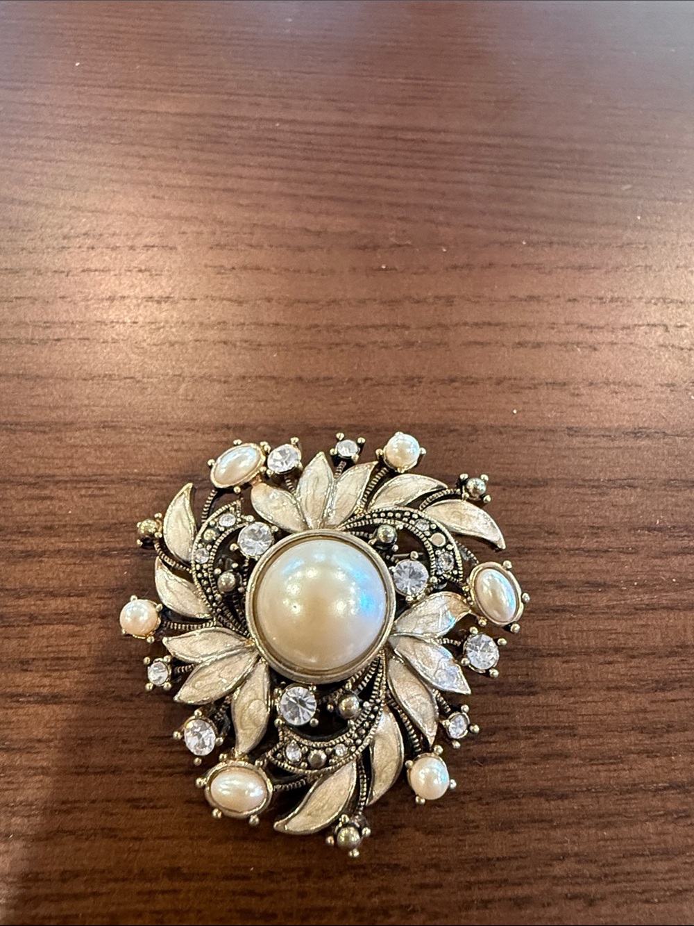 Vintage Gold Tone Pearl, Enamel and Rhinestone Brooch - Cream